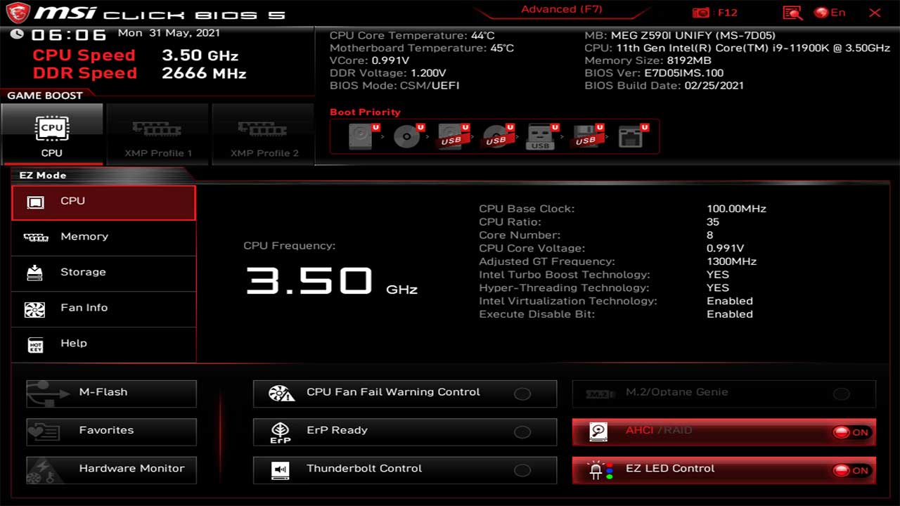 MSI MEG Z590I Unify BIOS UEFI 2