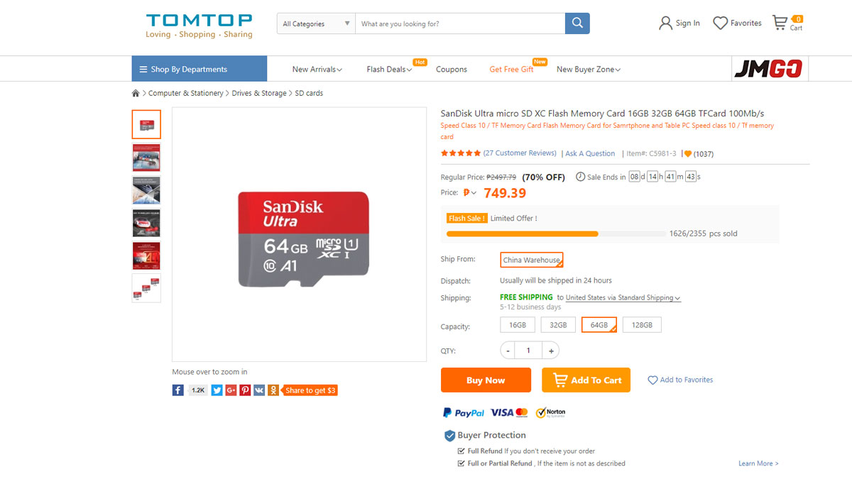 64GB SanDisk Ultra Micro SD XC Under 750 Pesos at TomTop